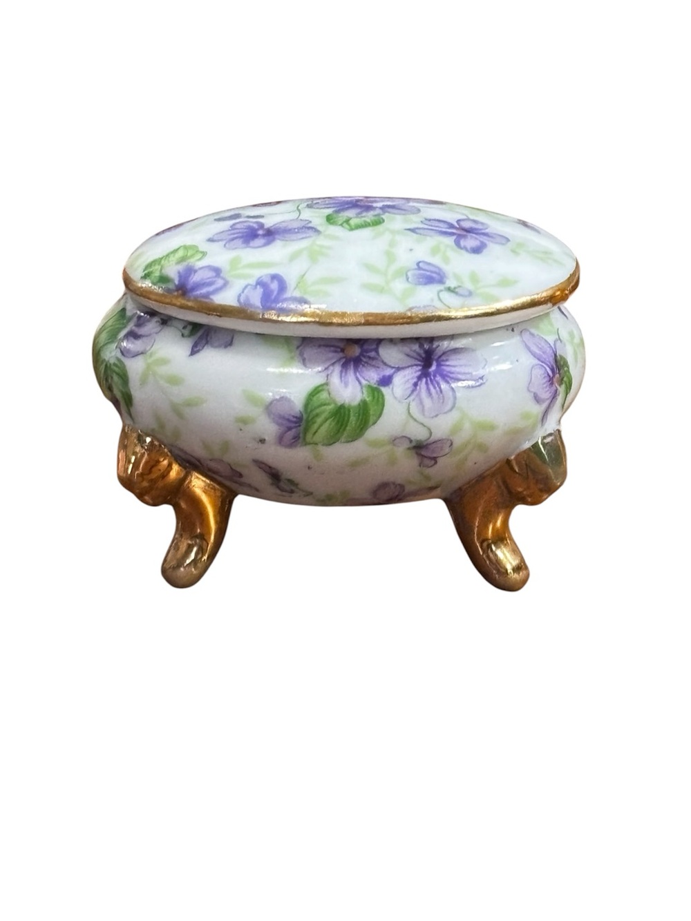 Violet Chintz by LEFTON ceramic trinket footed box with lid. Purple Floral